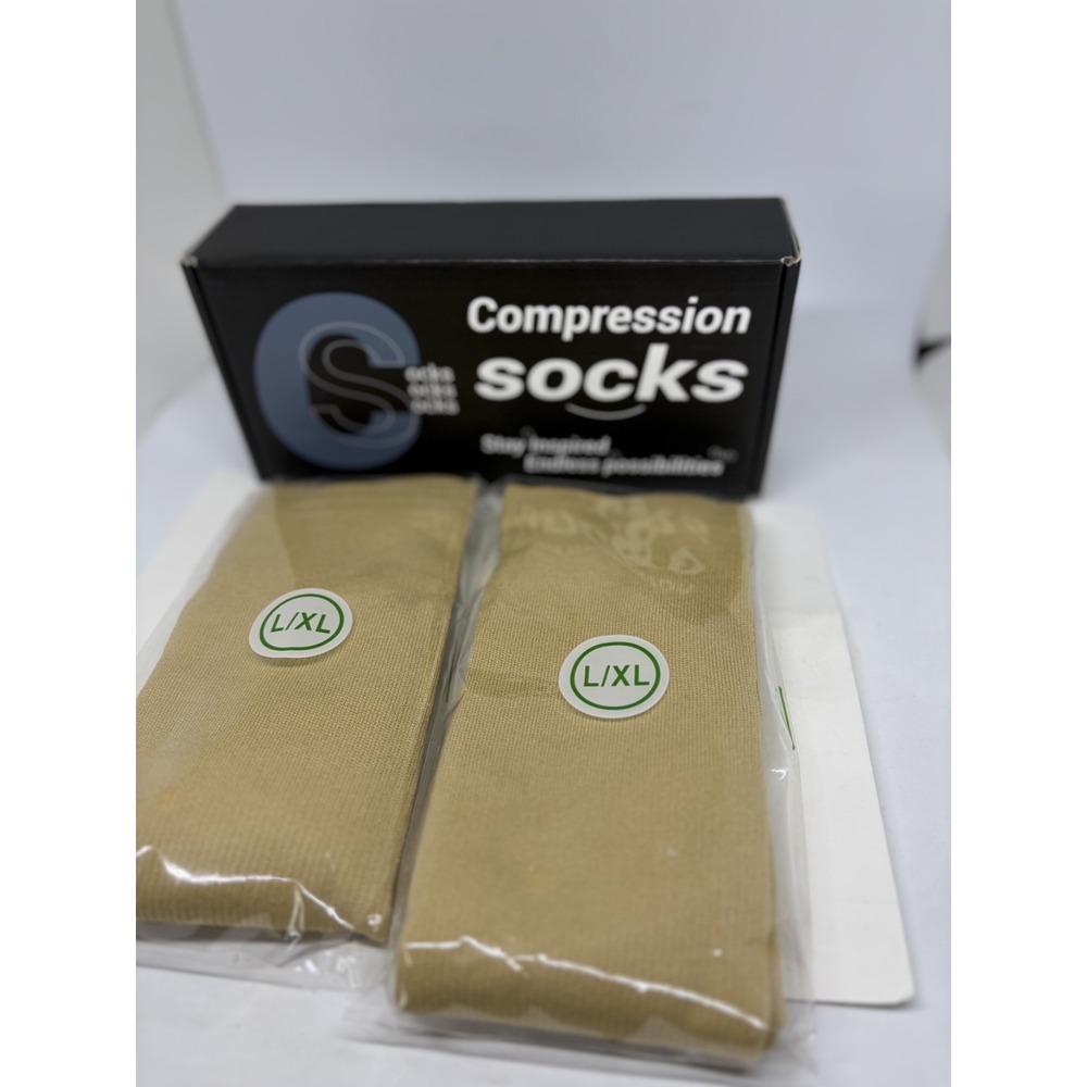2 Pairs Compression Socks Copper Fit Knee High 15-20mmHg Beige Sz L/XL